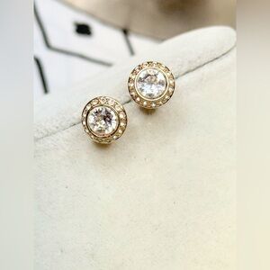 Swarovski Gold Tone Halo Crystal Stud Earrings Swan Mark Signed Classic